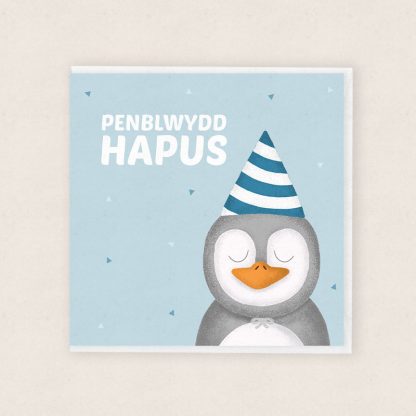 Carden Penblwydd Glas - Cardiau Cymraeg - Welsh Blue Penguin Birthday Card