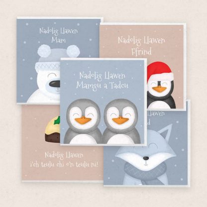 Pecyn o 5 Cerdyn Nadolig Teuluol Cymraeg Pack of 5 Welsh Family Christmas Cards